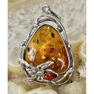 NEW Sterling Silver Spider Pendant w/ Genuine Baltic Amber Gemstone 925- 3.6g